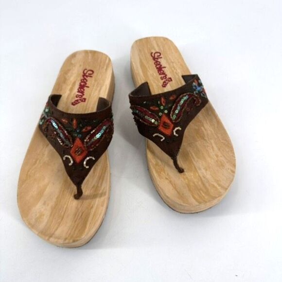 Skecher Cali Womens Beaded Slip On Flat Flip Flop Thong Sandals Brown Size 7 - Picture 2 of 6